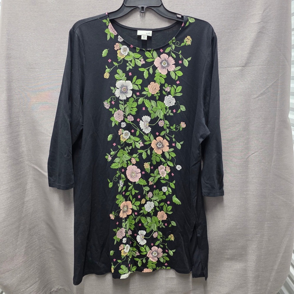 J. Jill Black Floral Vine Print Tunic Top 3/4 Sleeve Cotton Modal XL